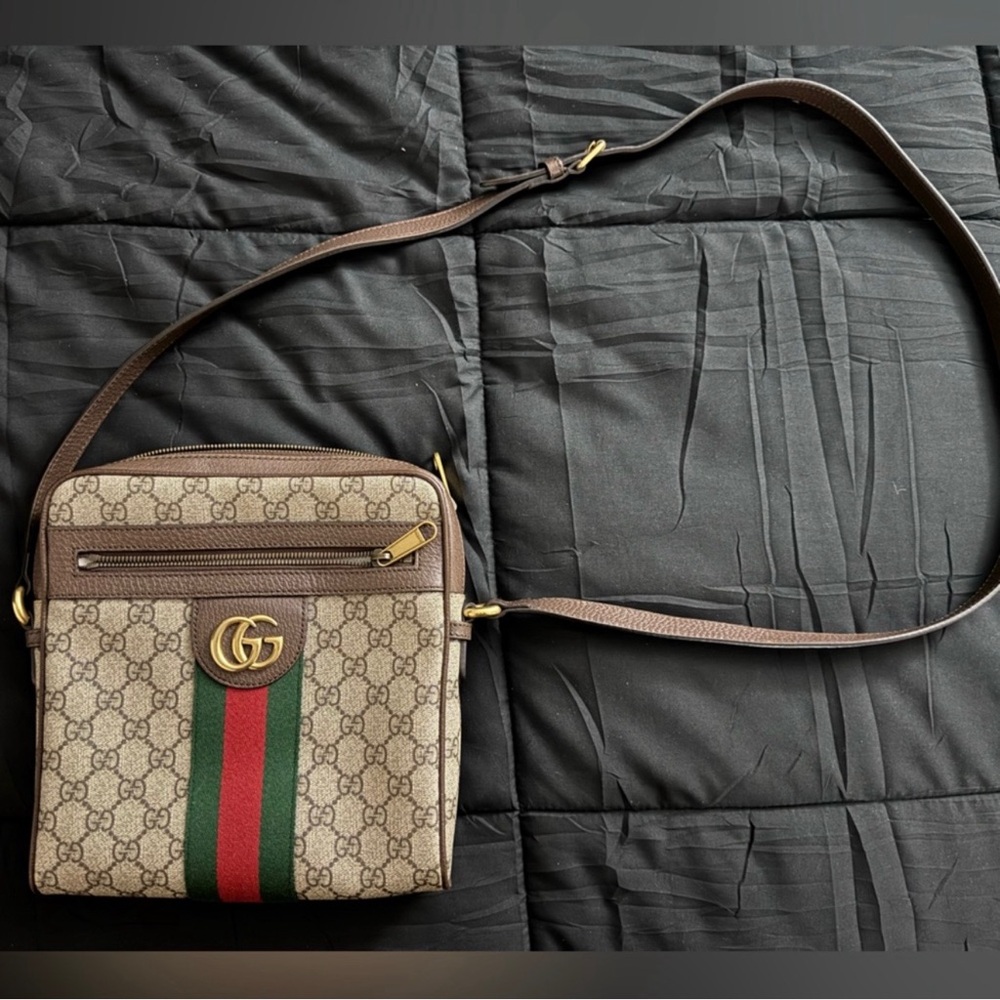 Gucci Brown and Green Messenger Bag with Monogram Print and Gold Hardware